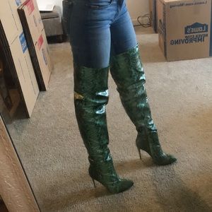 green snakeskin thigh high boots